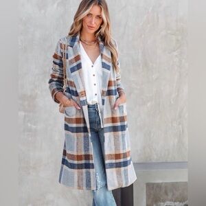 Vici Women’s Plaid Long Coat with Blue and Brown Stripes, Size L, NEW